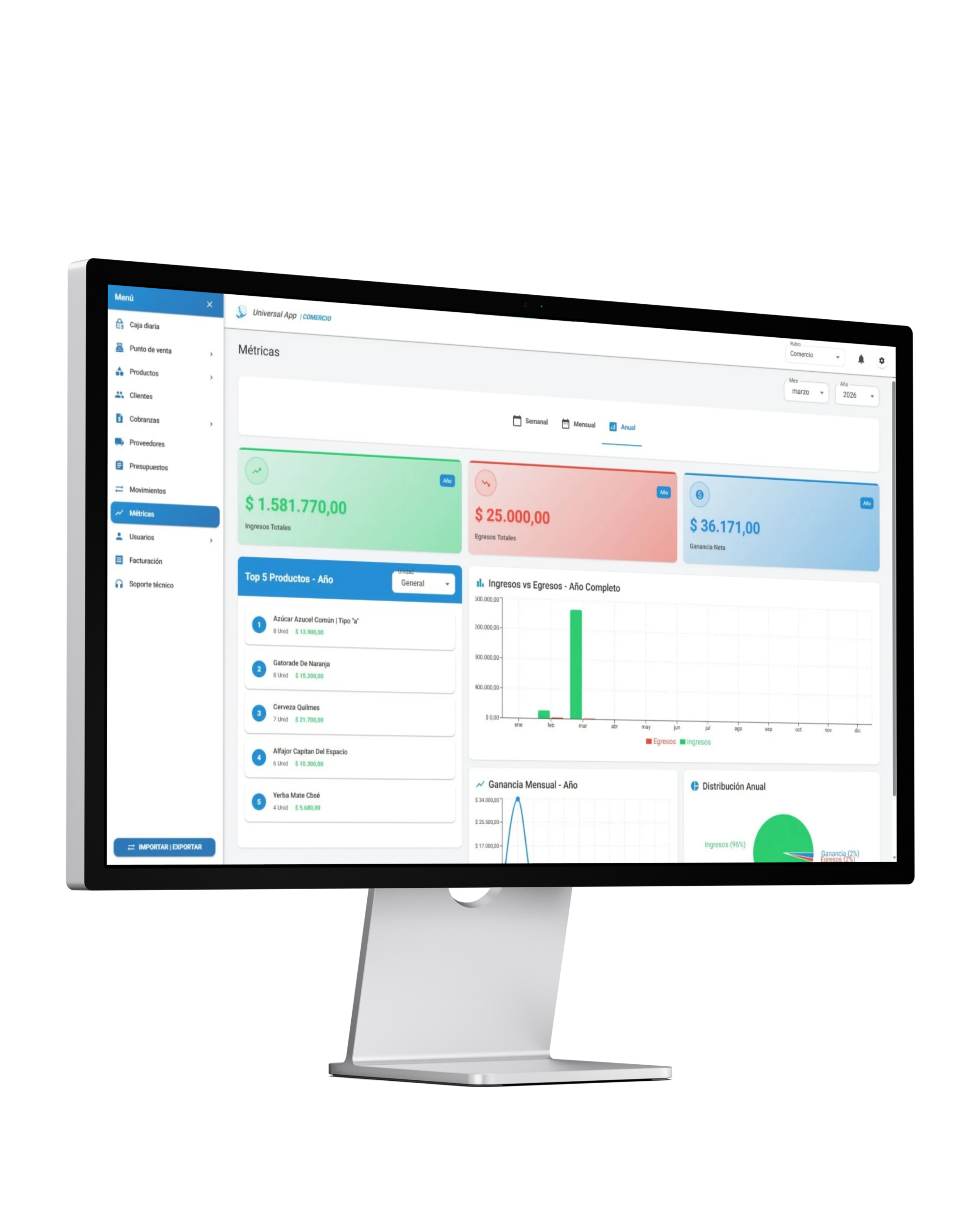 Captura del sistema de gestión Universal App - Panel de control